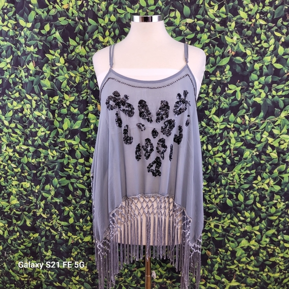 Forever 21 Blue Gray Sequined Sleeveless Fringe Top Large - Picture 1 of 5